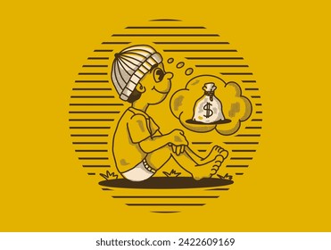 Vintage character illustration of a beanie boy sitting and daydreaming