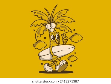 Vintage character illustration of coconut tree holding a surfing board