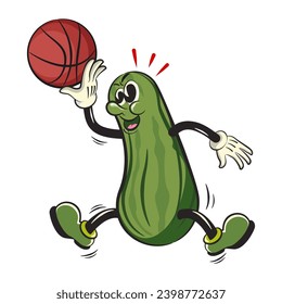 vintage character mascot illustration of a cool stylized cucumber throwing a basketball by jumping