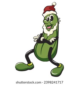 vintage character mascot illustration of a cucumber stylized to resemble Santa Claus