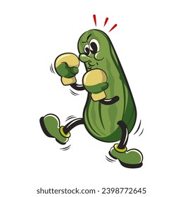 vintage character mascot illustration of a cucumber boxing with boxing gloves
