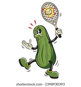 vintage character mascot illustration of a cucumber playing tennis hitting the ball with a racket