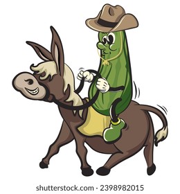 caracter vintage imagen de mascota de un pepino en un sombrero de vaquero montando un burro