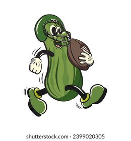 vintage character mascot illustration of a cucumber playing American football by running wearing a helmet and carrying an oval ball