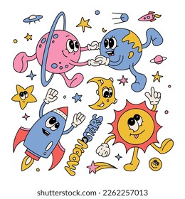 Vintage characters in 70s retro cartoon style - sun, planet earth, rocket, moon and stars. Groovy colorful mascots in contour doodle style. Set of comic elements in trendy contour style. Vector