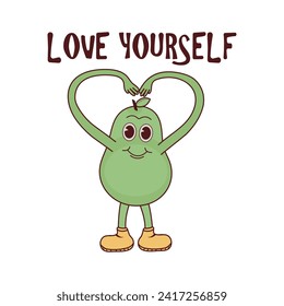 Vintage characters and elements with 70s hippie style set.Cute stickers or badges in trendy psychedelic style. Love yourself, avocado groovy, inscription in cartoon groovy style. Vector illustration.