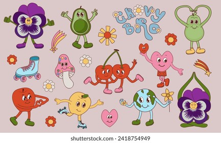 Vintage characters and elements with 70s hippie style set. Cute stickers or badges in a trendy psychedelic style. Fruits, mushrooms, rainbow, inscription in cartoon groove style. Vector illustration.