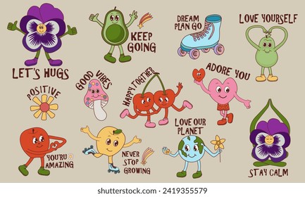 Vintage characters and elements with 70s hippie style set. Cute stickers or badges in a trendy psychedelic style. Fruits, mushrooms, rainbow, inscription in cartoon groove style. Vector illustration.