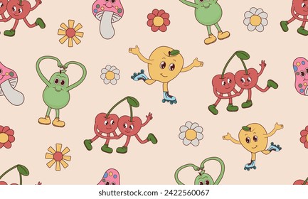 Vintage characters and elements with 70s hippie style pattern. Cute pattern or badges in a trendy psychedelic style. Fruits, mushrooms in cartoon groove style. Vector illustration.