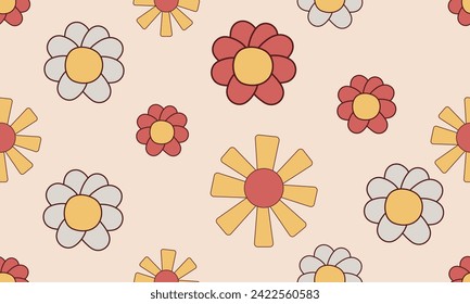 Vintage characters and elements with 70s hippie style pattern seamless. Cute pattern or badges in a trendy psychedelic style. Chamomile, flowers in groove style. Vector illustration.