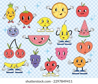  Vintage characters groovy cartoon. Set of retro groovy fruits. Watermelon, pear, peach, lemon, banana, cherry, grape, orange, tangerine, mandarine, apple.