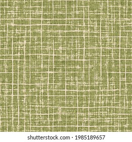 Vintage checked seamless pattern with crossing brushed lines in green and halfwhite colors. Vector textured plaid background.