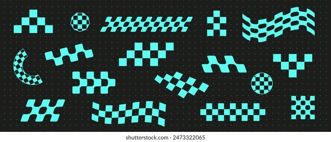 Vintage checker pattern shape set, modern techno groovy checkerboard decoration design, futuristic blue neon 90s chess element collection, geometric trendy y2k icon vector, retro abstract aesthetic,