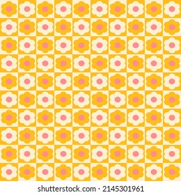 Vintage checkerboard geometric floral seamless pattern. Retro 70s nostalgic simple shaped groovy flowers with circles colorful background. Modern fashion vector print for fabric, wallpaper