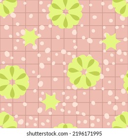 Vintage checkered background with bindweed flowers and drops. Perfect checkered print for tee, textile and fabric. Groovy vector illustration for decor and design.


