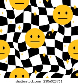 Vintage checkered, trippy grid seamless pattern with smiles. Hand-drawn vector Illustration. 60s 70s seventies style, Groovy background, wallpaper. flat Design, hippie Aesthetic.