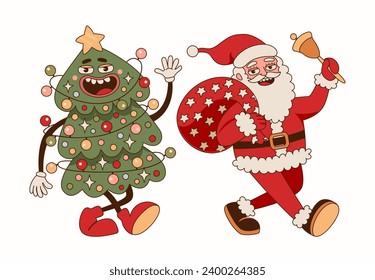 Vintage cheerful smiling Christmas tree and Santa Claus. Merry Christmas and Happy New Year groovy style banner design. Funny retro cartoon characters