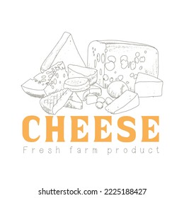 Vintage cheese design label template. Hand-drawn cover in the engraving style of various types of cheese. Retro food background with cheese logo.