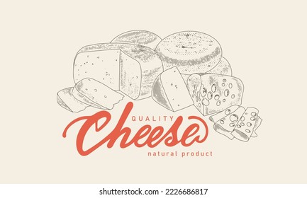 Vintage cheese design label template. Hand-drawn cover in the engraving style of various types of cheese. Retro food background with cheese logo.