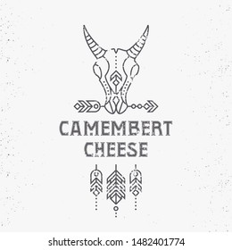 Vintage Cheese label design with boho goat head in thin line style. Dairy industry ethnic emblem. Monochrome, black on white. Editable logo with damaged grunge able/disable texture