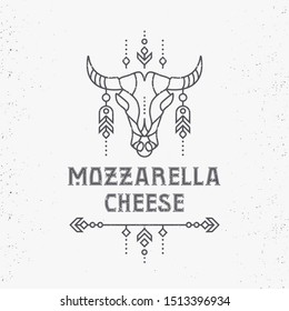 Vintage Cheese label design with boho cow skull head in thin line style. Dairy industry ethnic emblem. Monochrome, black on white. Editable logo with damaged grunge able/disable texture