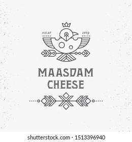 Vintage Cheese label design with boho flying bird in thin line style. Dairy industry ethnic emblem. Monochrome, black on white. Editable logo with damaged grunge able/disable texture