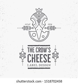 Vintage Cheese label design with boho crow skull head in thin line style. Dairy industry ethnic emblem. Monochrome, black on white. Editable logo with damaged grunge able/disable texture