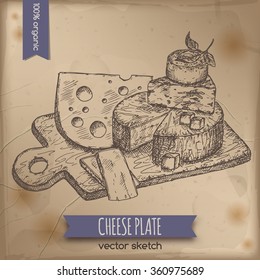 Vintage cheese plate template placed on old paper background. Great for markets, grocery stores, organic shops, food label design. 