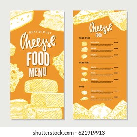 Vintage cheese restaurant menu template with hand drawn products of different sorts and varieties vector illustration