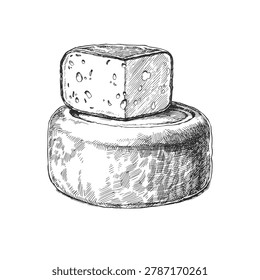 Vintage Cheese Wheel Tower with Cut Segment Vector Hand Drawn Ink Illustration Traditional Aged Cheddar Gourmet Food Rustic Cellar Sketch