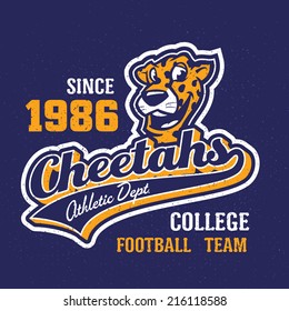 Vintage cheetahs textured varsity team sport t-shirt apparel graphic design, athletic department (grunge effect easy removable from separate layer)