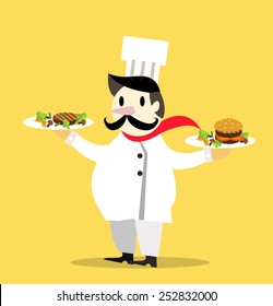 Vintage Chef Cook and Serving Special Dish.  flat design character. vector