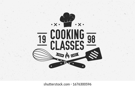 Vintage Chef logo. Cooking Class template logo with spatula, whisk and chef hat. Modern design poster. Logo, Poster for food studio, cooking courses, culinary school. Vector illustration