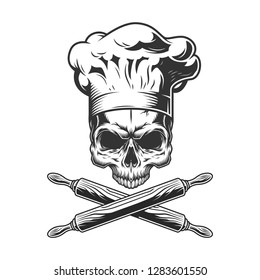 Vintage chef skull without jaw and crossed rolling pins isolated vector illustration