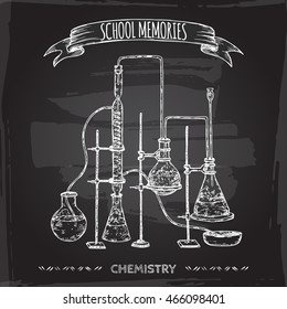 Vintage chemistry lab equipment hand drawn sketch placed on old blackboard background. School memories collection. Great for school, education, lab, retro design.