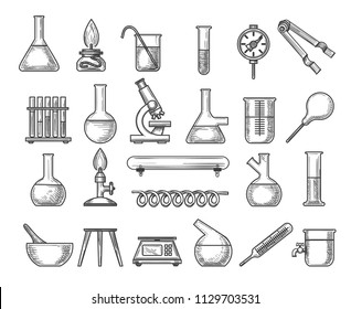 Vintage Chemistry Lab. Vector Ink Engraving Retro Physics Laboratory Pipe And Scale, Glass Flasks And Beaker Isolated On White