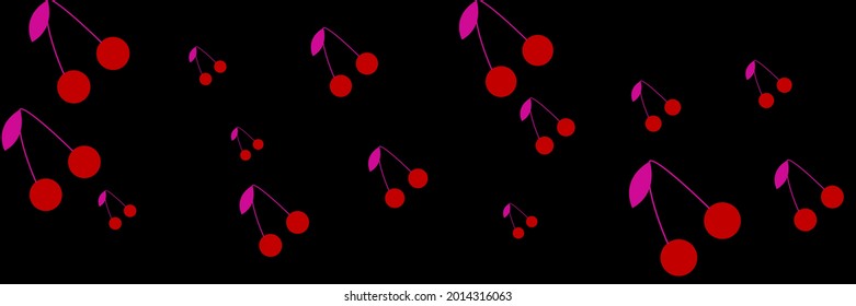 Vintage Cherries Dark Design Illustration Summer Tasty Wallpaper. Dessert Colorful Pink Fruit Black Berries Repeat Bright Design Pic. Cute Retro Print Sweet Red Pattern Vitamin Textile Ornament.