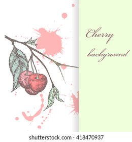 Vintage cherry background. Beautiful invitation card with berries and flowers.