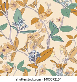 Vintage Cherry Bloom Seamless Vector Botanical Textile Pattern