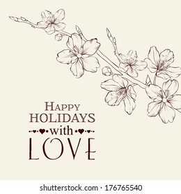 Vintage cherry blossom on branch. Vector illustration.