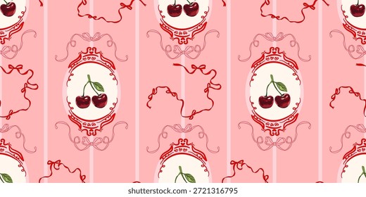 Patrón inconsútil del marco de la cereza de Antiguas con las cintas en el fondo rosado suave
