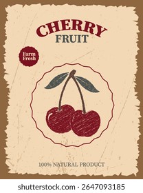 Vintage cherry fruit design with hand-drawn style and bold text, ideal for healthy product ads, packaging design.