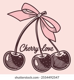 Vintage Cherry Illustration with Bow 