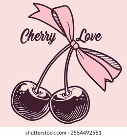 Vintage Cherry Illustration with Bow 