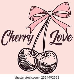 Vintage Cherry Illustration with Bow 
