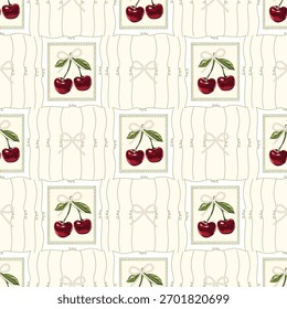  Vintage Cherry e Pearl Bow Padrão. Elegante Red Fruit sem emenda Design de vetor