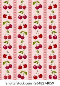 Vintage cereja e rosa listrado sem emenda padrão. Vetor cerejas vermelhas bonitas e bordas de renda. Charming cereja alinhado padrão repetitivo.