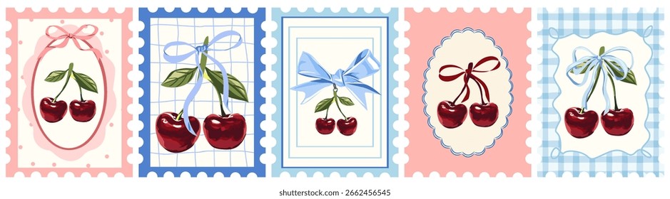 Vintage Cherry Briefmarkensatz. Pastel Sommerfrucht mit Bögen Vektorgrafik