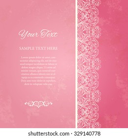 Vintage cherry red background with lacy ornamental border. Cutout borders on old stained paper texture. Vector illustration EPS10