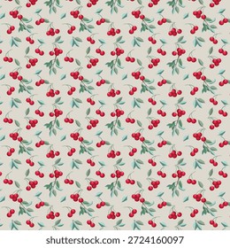 Padrão sem emenda de cereja vintage, ornamento de Berry vermelho desenhado à mão no estilo Cottagecore retro para têxteis de cozinha e marca de verão